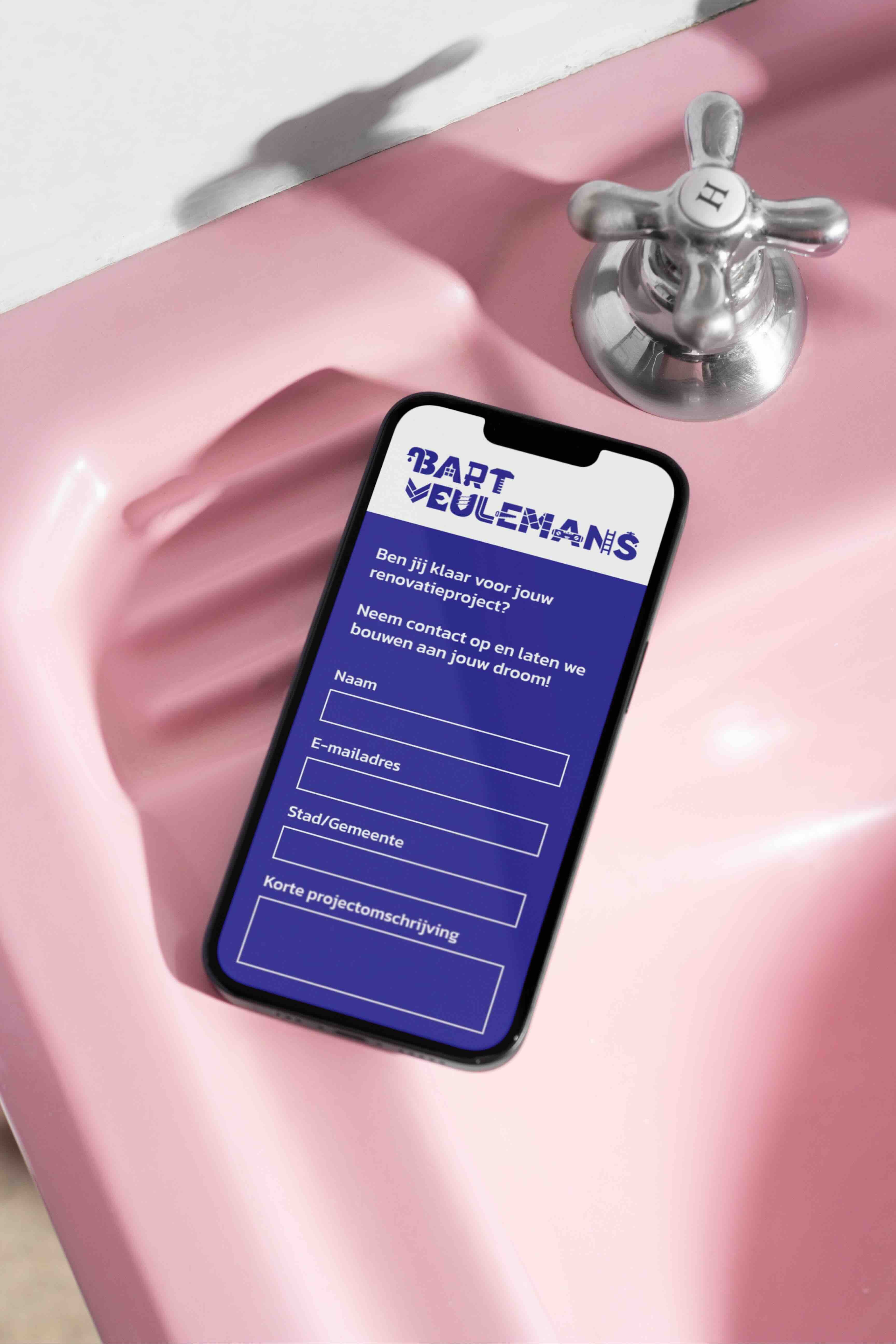 Branded contact page website on mobile for home renovations company Bart Veulemans