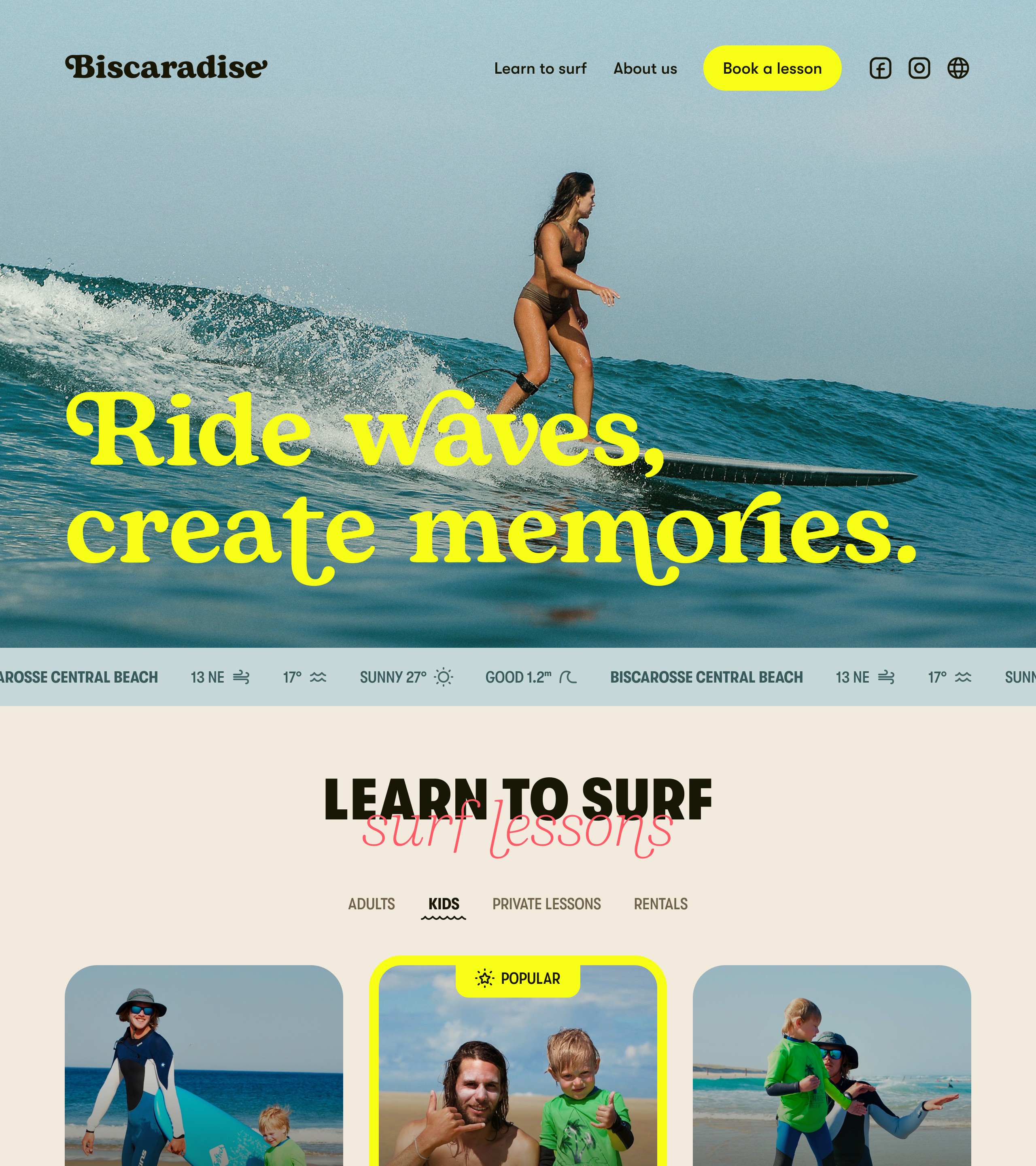 A preview of a landing page for a surf school in southwest France.