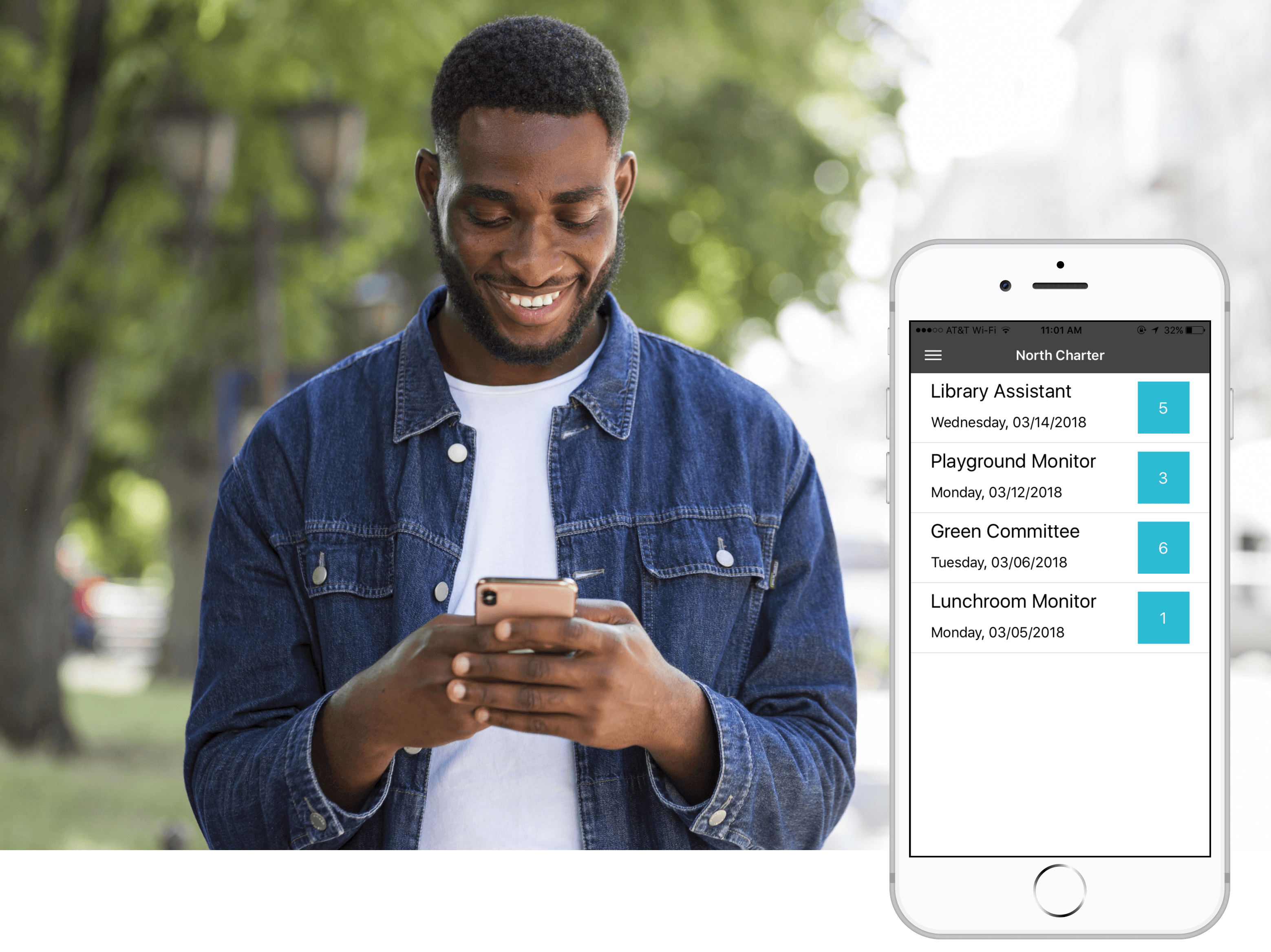 Image of a father using the Parent Track mobile app to track parent volunteer hours
