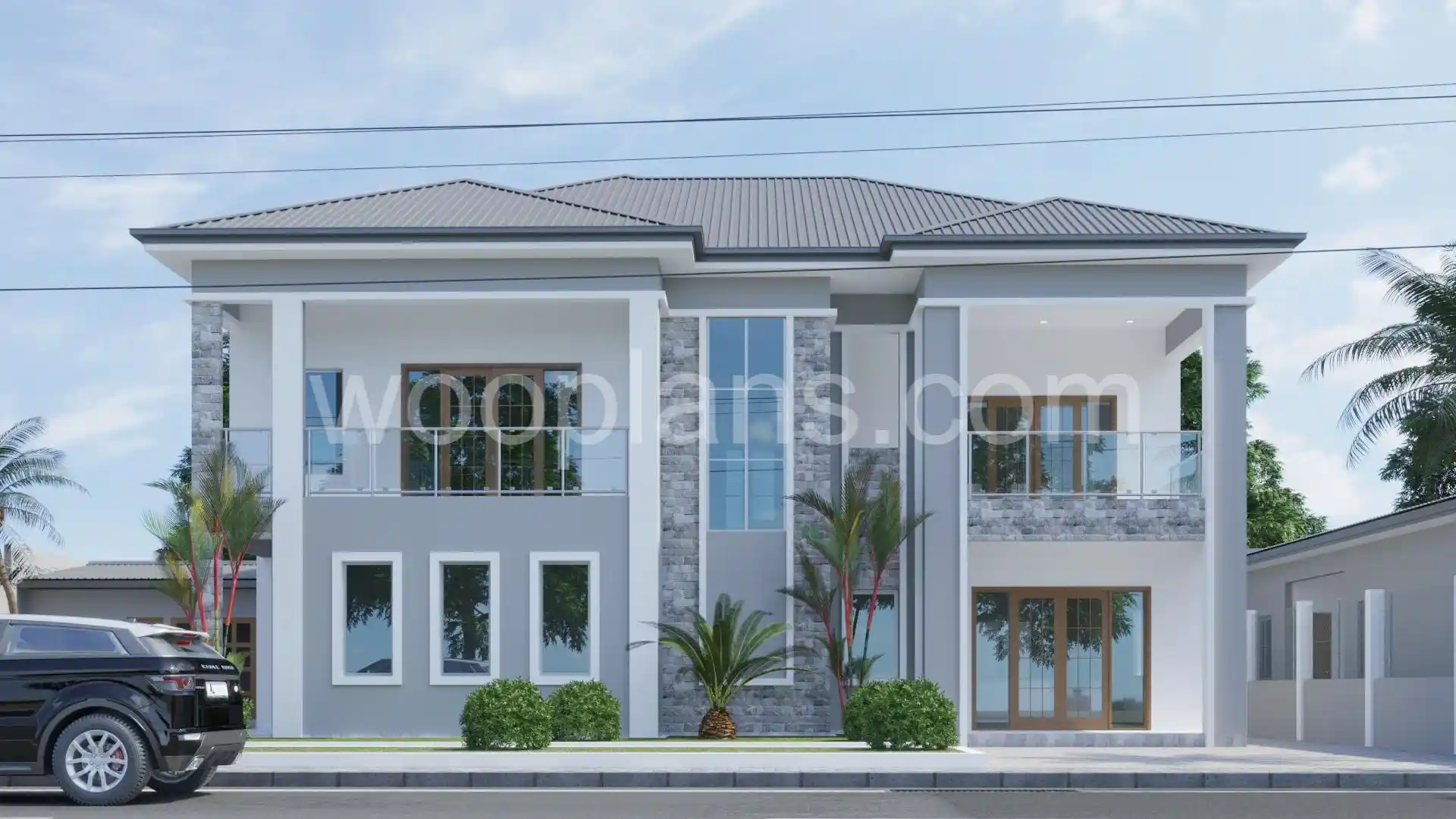 Façade avant Duplex D4-40 style contemporain avec grande terrasse à l'étage, balustrade en verre et accents de couleur rose