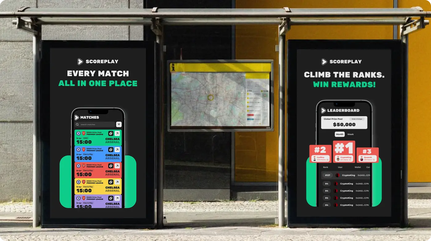 Out-of-home (OOH) physical mockup of Scoreplay advertising on a street-level billboard, demonstrating cross-platform brand scalability.