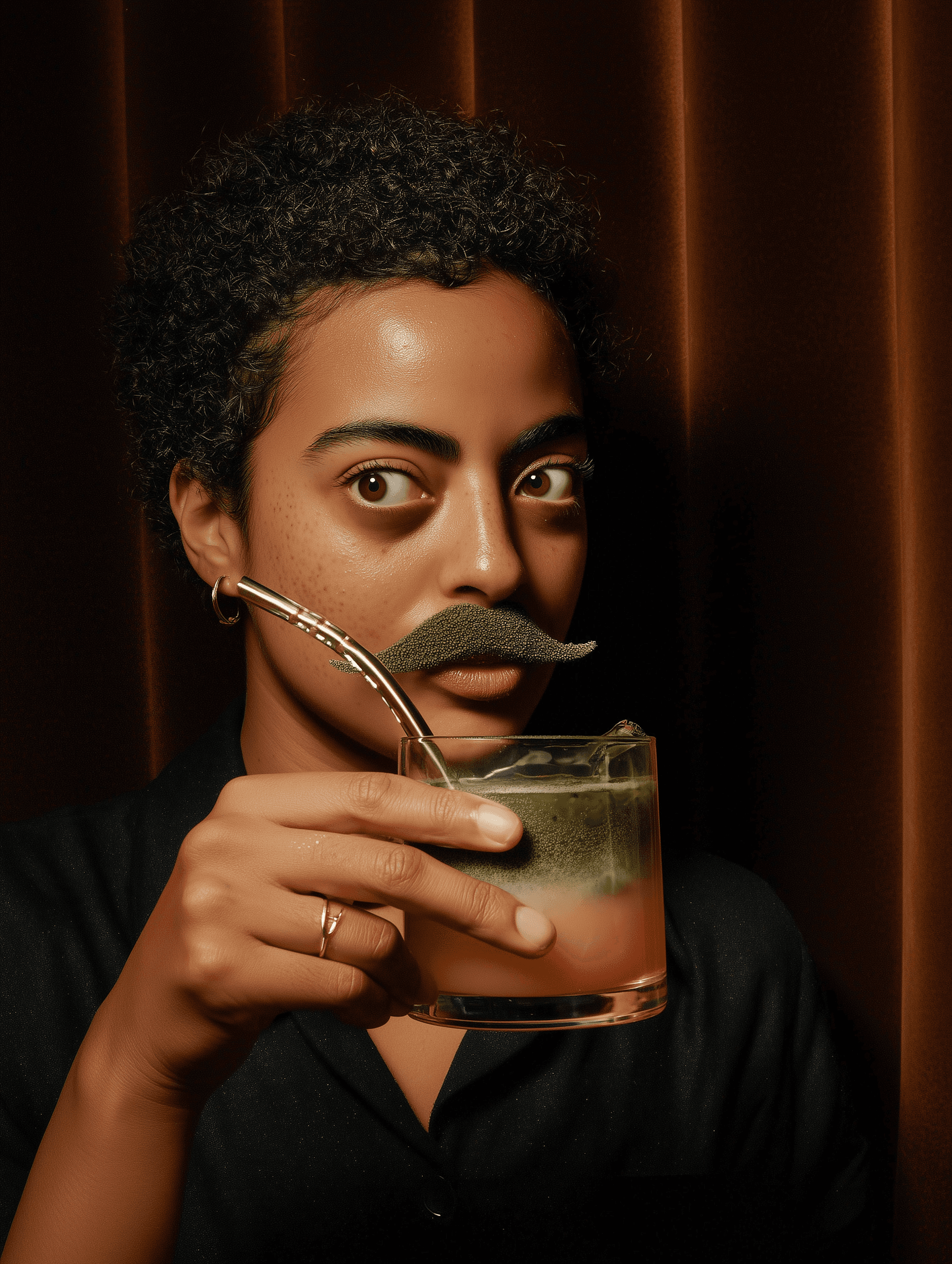 A person with short curly hair holds a layered green and orange drink with a metallic straw, set against a warm brown curtain background.