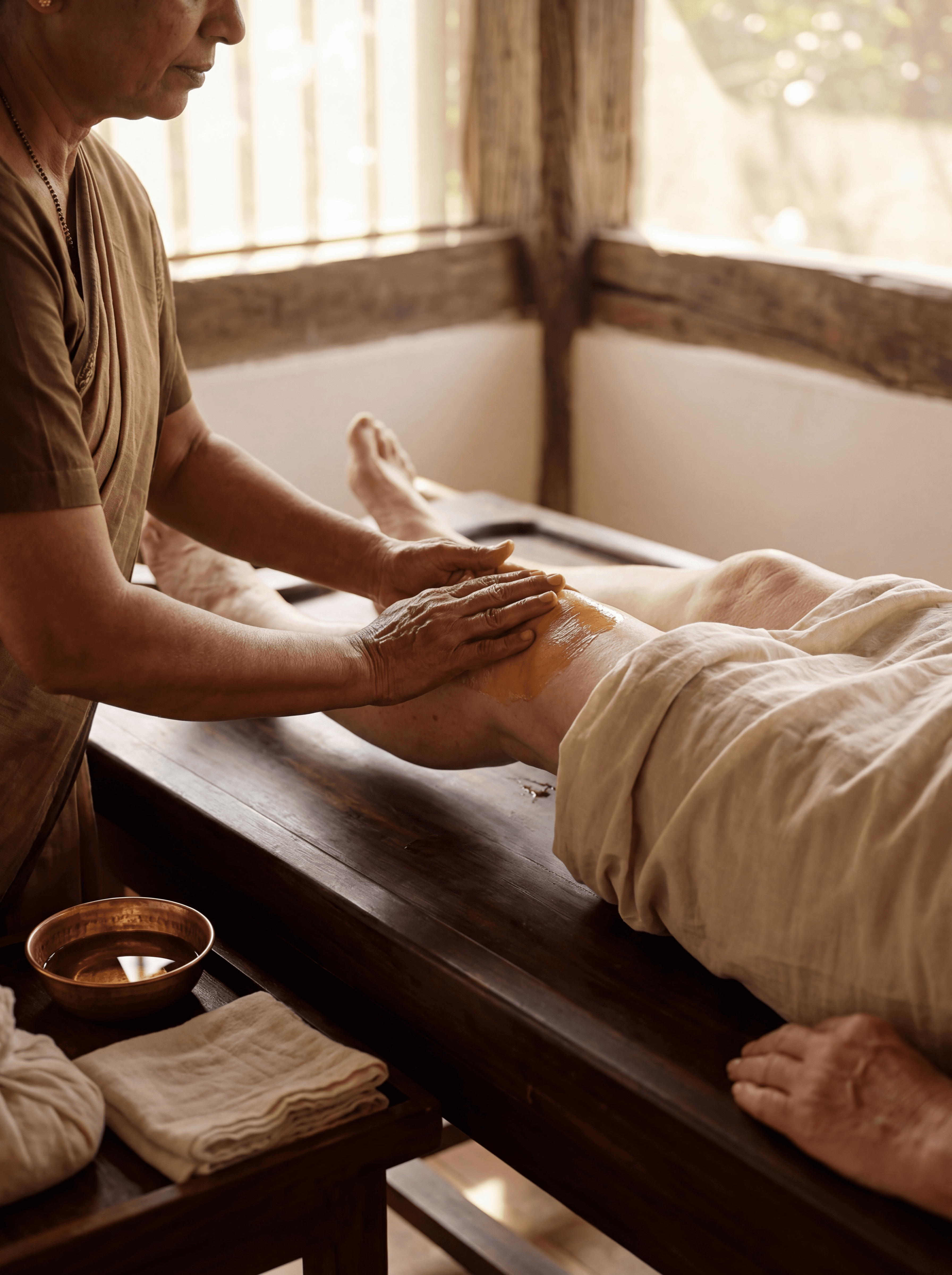 A close-up indoor scene highlighting gentle orthopaedic Ayurvedic care: Indian practitioner’s hands applying warm herbal oil or supporting a knee, shoulder, or lower back during therapy on a traditional wooden pathi. Focus on touch, alignment, and relief rather than force. Soft ambient lighting, minimal composition, authentic Ayurvedic tools and linens visible. Calm, reassuring mood conveying non-invasive joint and muscle care. Elegant, understated wellness aesthetic.