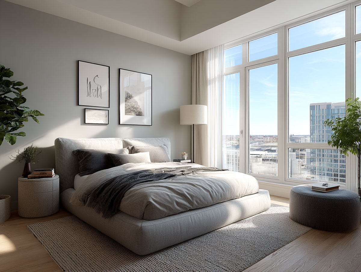 Modern bedroom with a large bed, neutral bedding, and soft furnishings. Floor-to-ceiling windows offer a view of the city. The minimalist decor, featuring framed artworks and a plant, is showcased in this realistic 3D representation on wooden floors.