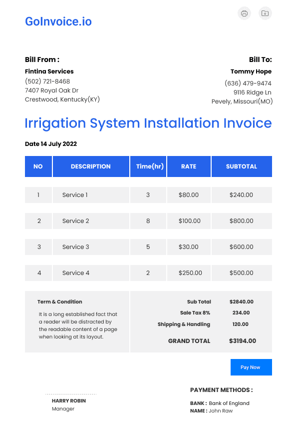 Irrigation System Installation Invoice