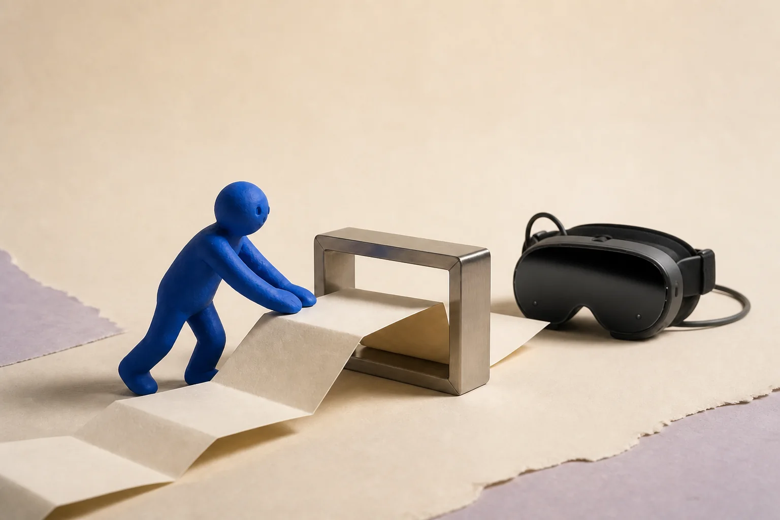 A cobalt clay figure pushes a folded paper ribbon through a metal inspection frame toward a black Steam Frame headset.