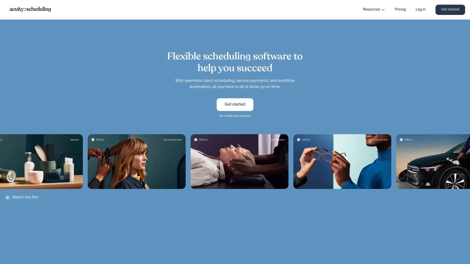 A minimalist white website layout with a simple header featuring the Acuity Scheduling logo in the top left. The main section has white text on a blue background. The page emphasizes the scheduling functionality with a clean, straightforward design that focuses on the product's core purpose. Navigation elements are minimal and clearly laid out, maintaining a professional, uncluttered appearance.