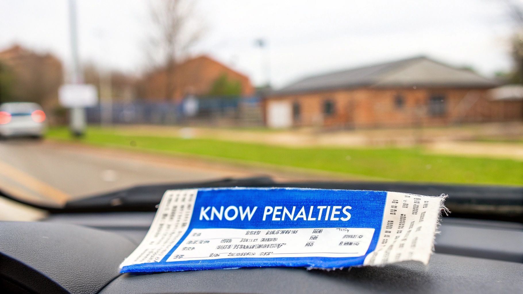 A blue and white ticket reading 'KNOW PENALTIES' rests on a car dashboard, with a blurred outdoor road and buildings in the background.