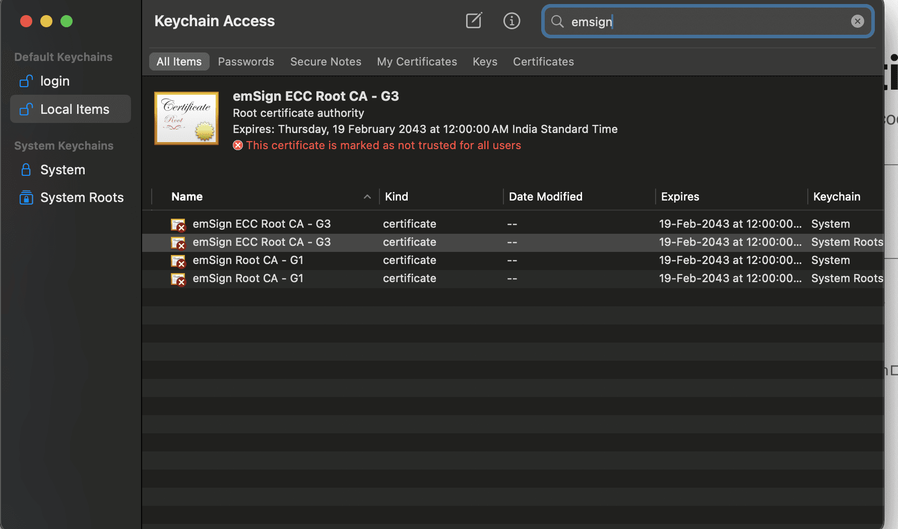 Keychain Access showing emSign ECC Root CA - G3 marked as not trusted for all users after the change