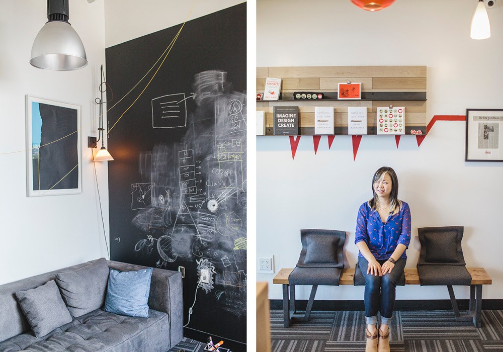 Interior design company Germia helped create Path’s office space. The chalkboard room, pictured above, is Jenny’s favorite office spot. “It’s tucked away in the corner and I’ll go in there to work if I really need to focus or if it’s late and I just want to kick back and slouch like I would at home.”