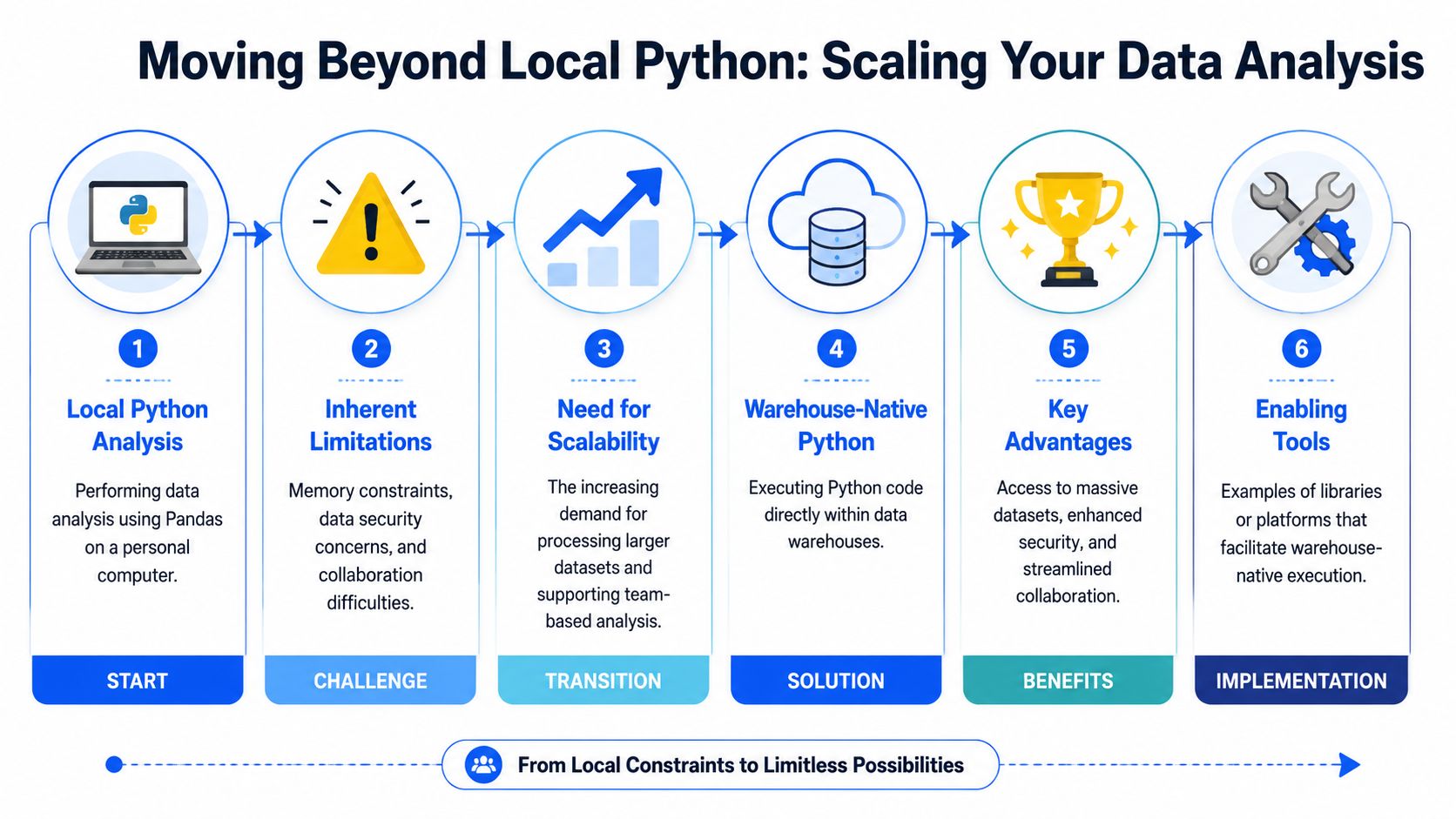 A six-step infographic titled Moving Beyond Local Python explaining the transition to warehouse-native data analysis.