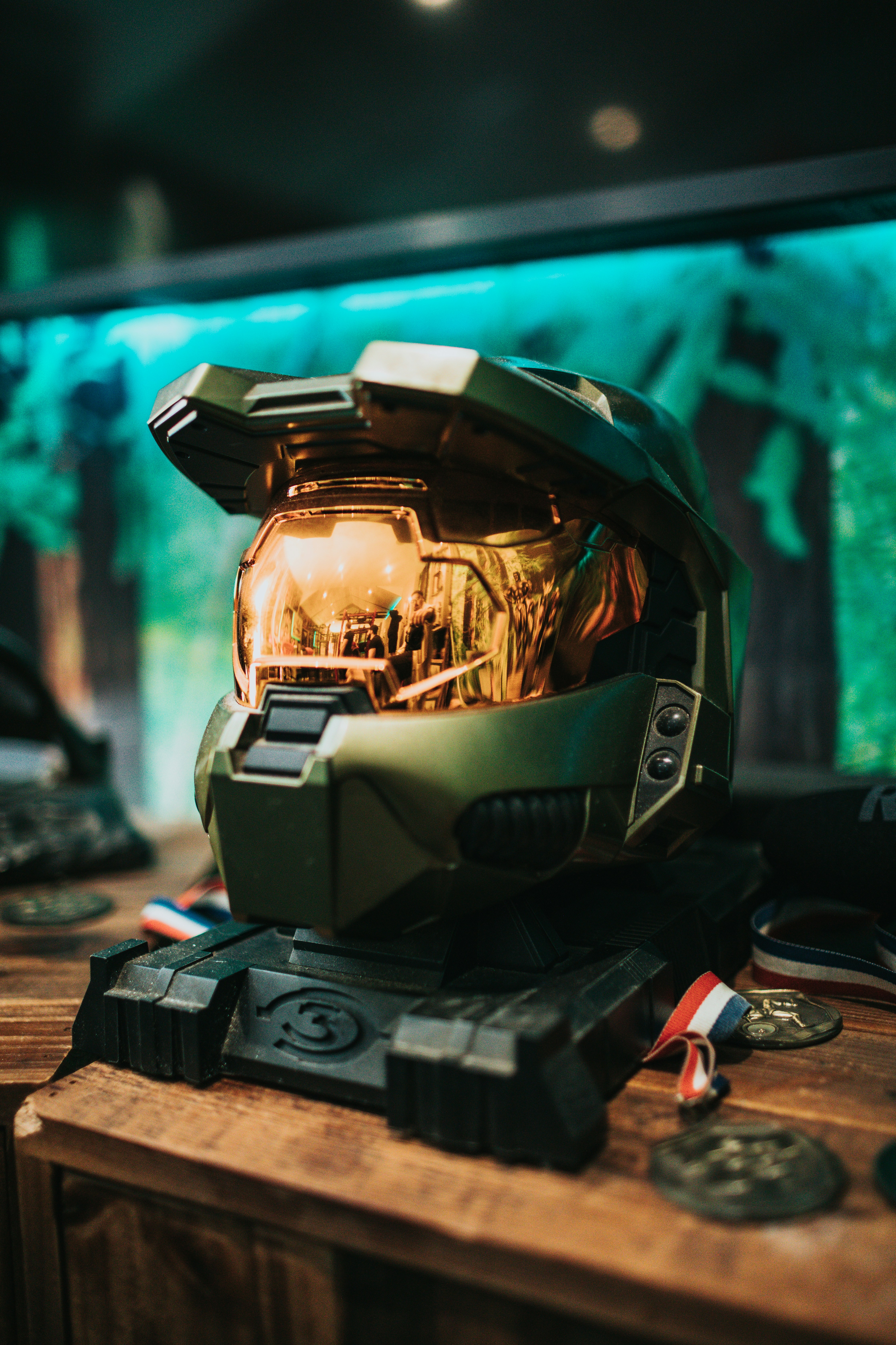 A cosplay replica of Master Chief's helmet