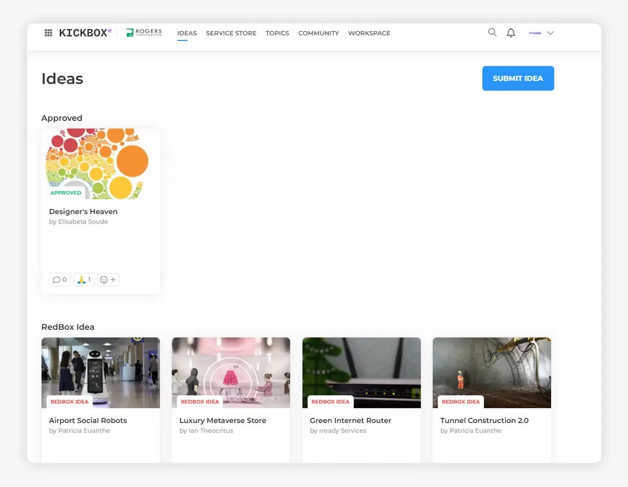 Screenshot of the rready Kickbox platform showing the “Ideas” page with approved and RedBox ideas.
