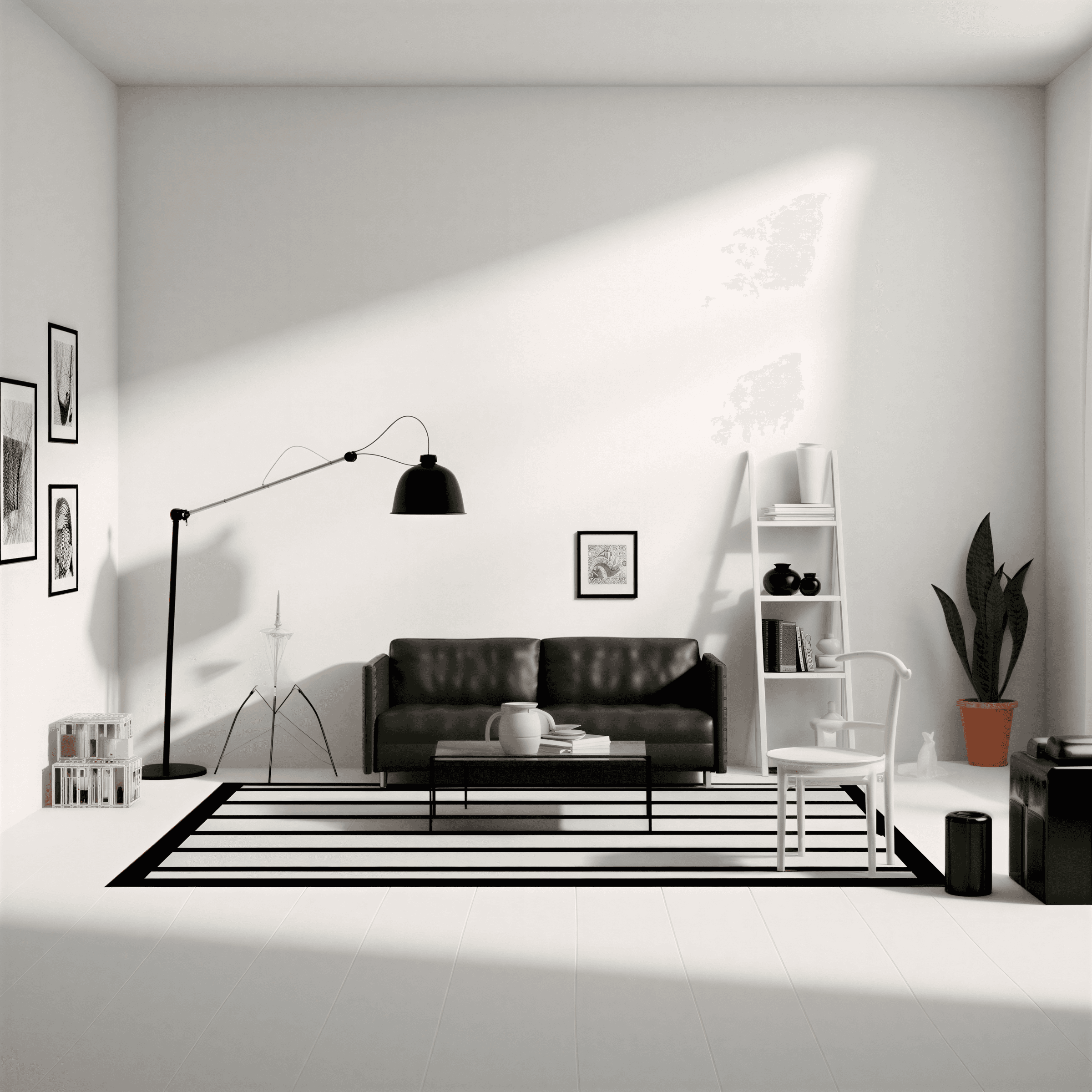 Minimalist modern living room with black leather sofa, arc floor lamp, striped area rug, white ladder shelf, and monochrome decor