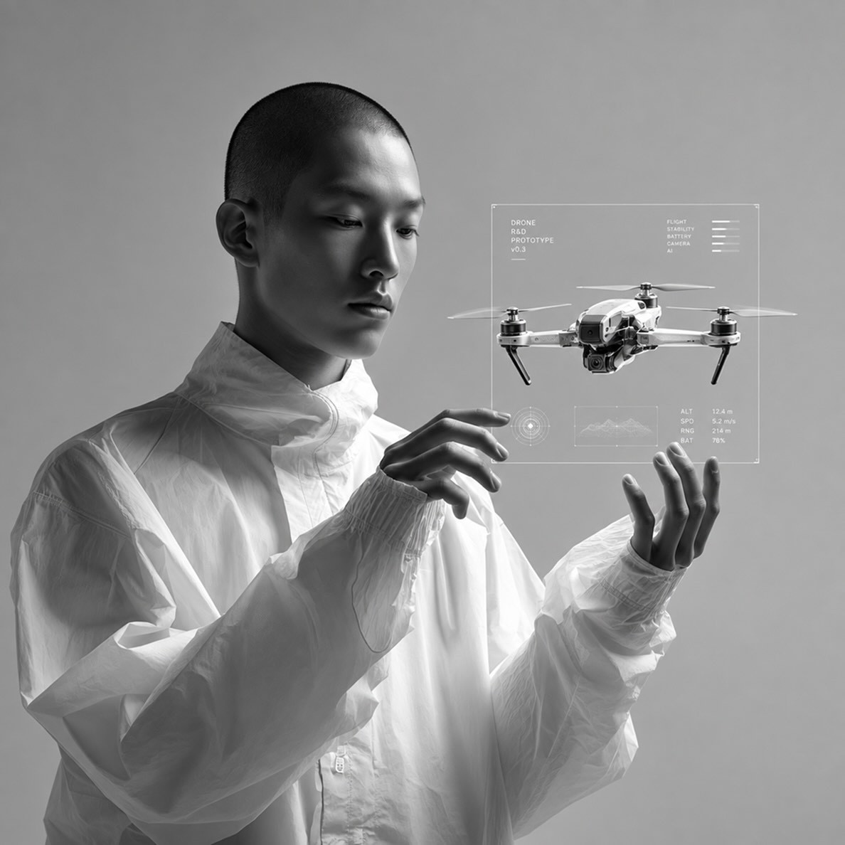 Black-and-white image of a person in a white outfit interacting with a holographic interface displaying a small drone.