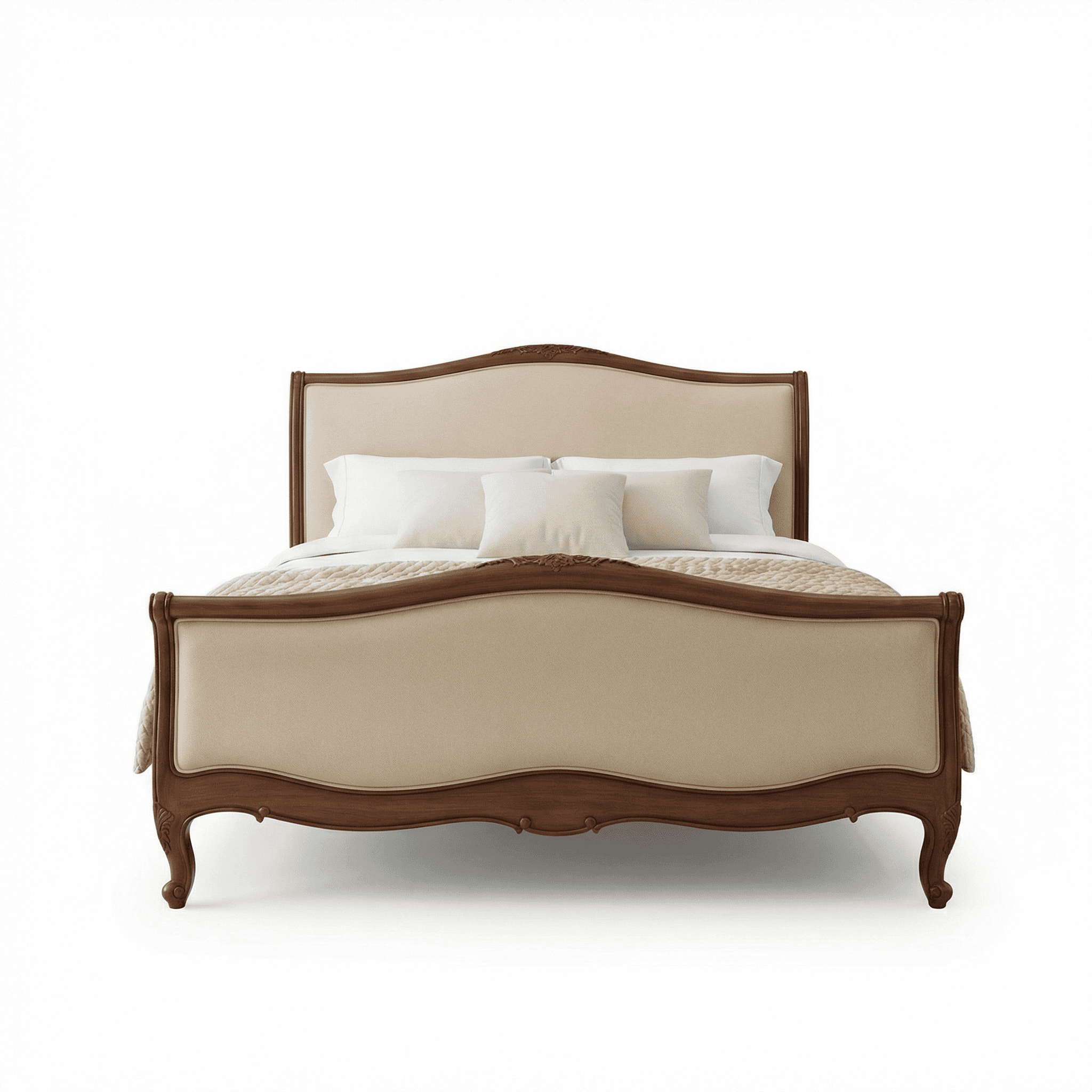 Panelled wooden bed with smooth headboard surface and softly rounded frame