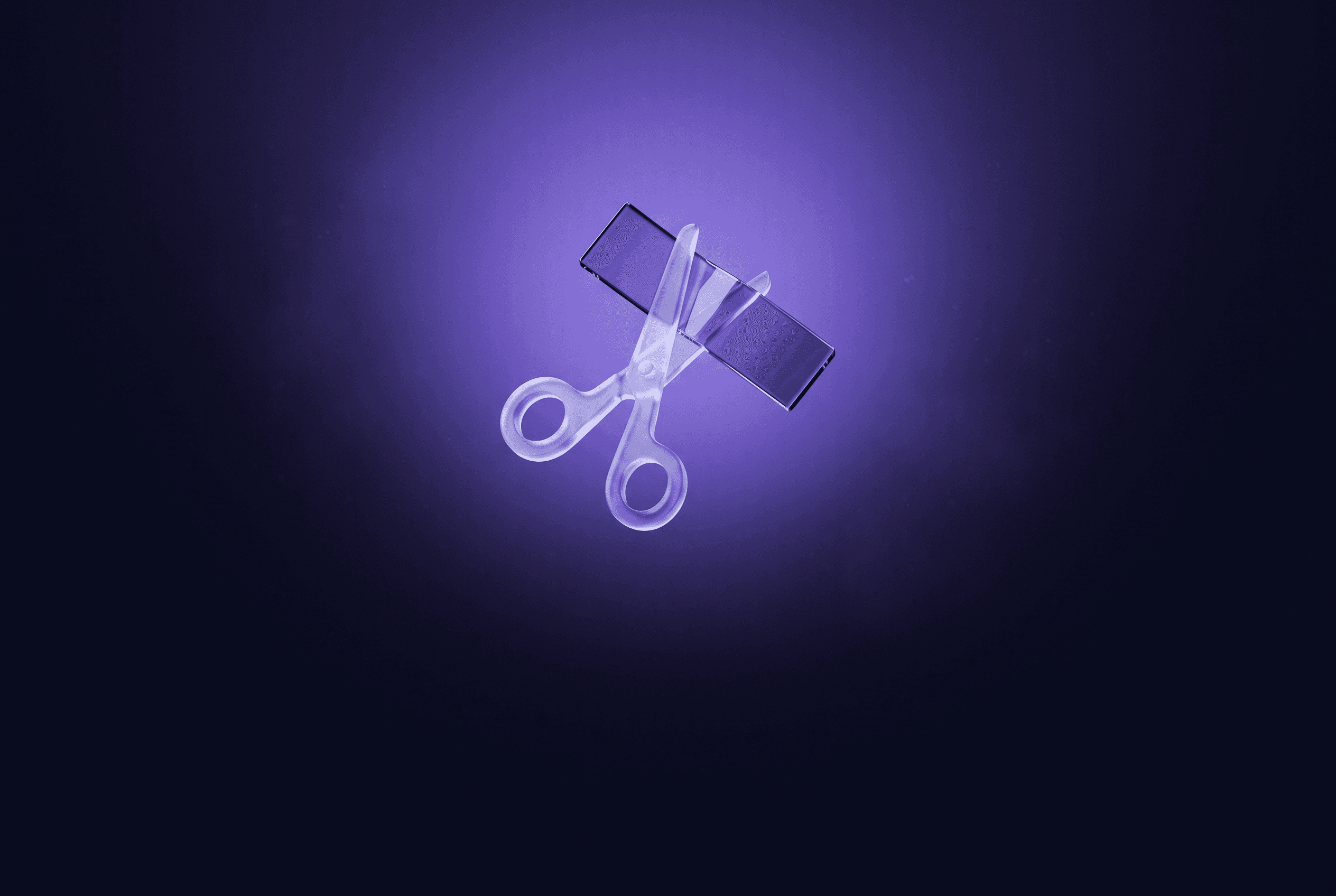 Glass scissors cutting a strip of violet film, illustrating clipper campaigns