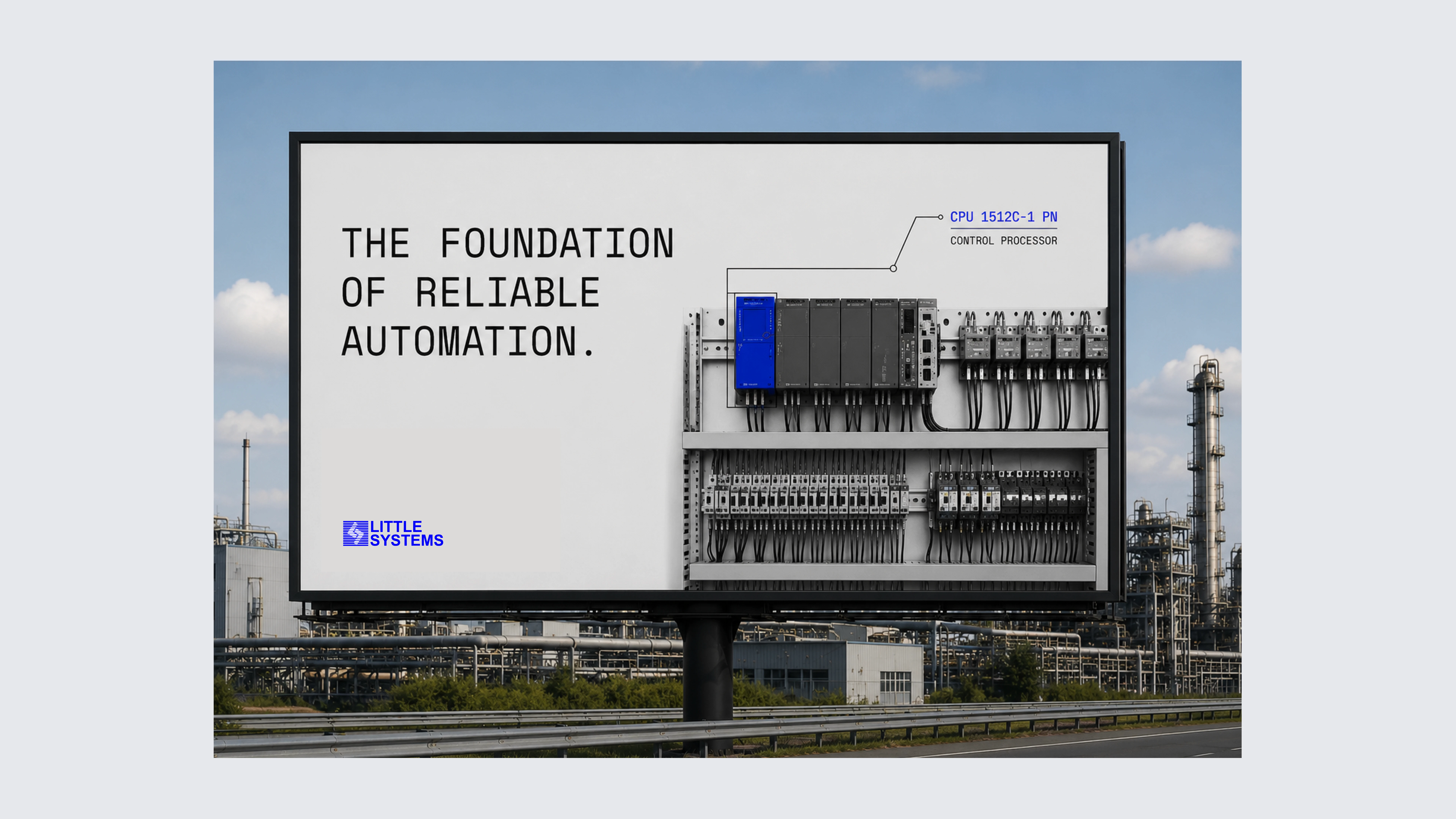 Large roadside billboard for Little Systems featuring an industrial automation control panel, with the headline “The Foundation of Reliable Automation” and technical annotations identifying a control processor.