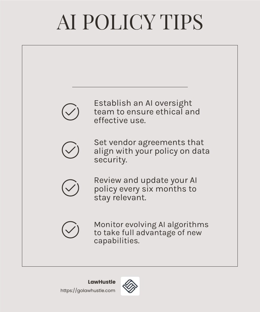 Regular updates are crucial to keep your AI policy effective. - ai policy for law firms infographic checklist-light-beige