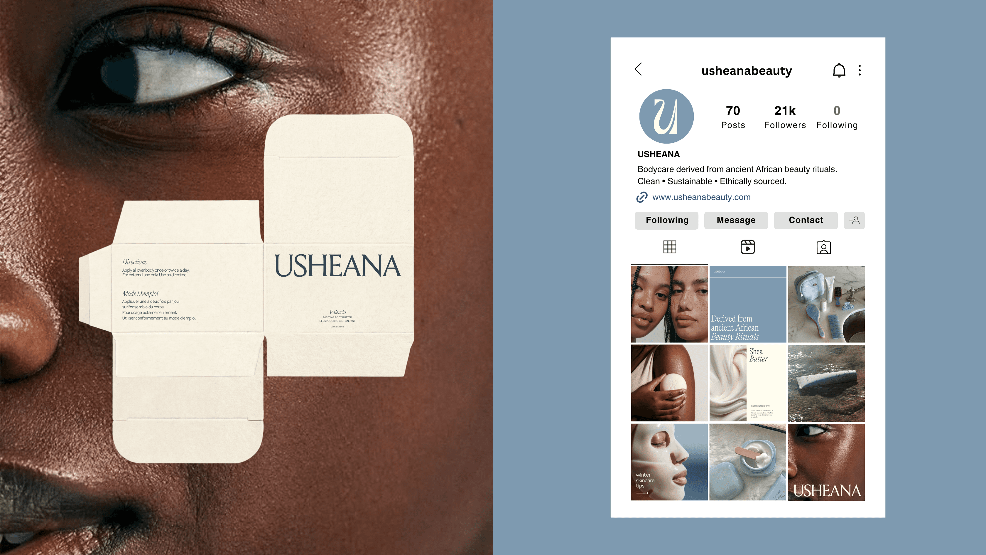 Usheana minimalist visual brand identity and social media design for beauty and lifestyle skincare brand by Atelier Jovae