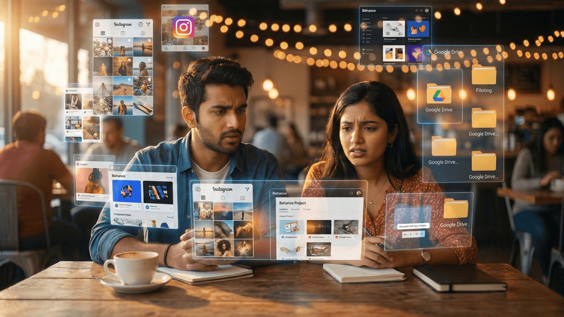 Creators overwhelmed by multiple digital portfolio platforms like Instagram, Behance, and Google Drive displayed as floating interfaces.