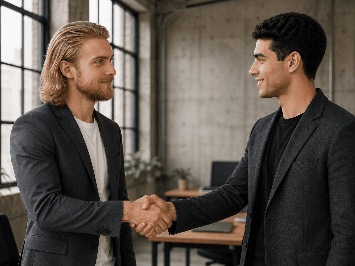 Two business professionals shaking hands during a meeting in a modern office.