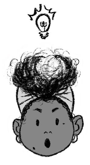 An image showing a black and white characterized illustration of Lia with a surprised expression and a light bulb over her head, signifying an idea.