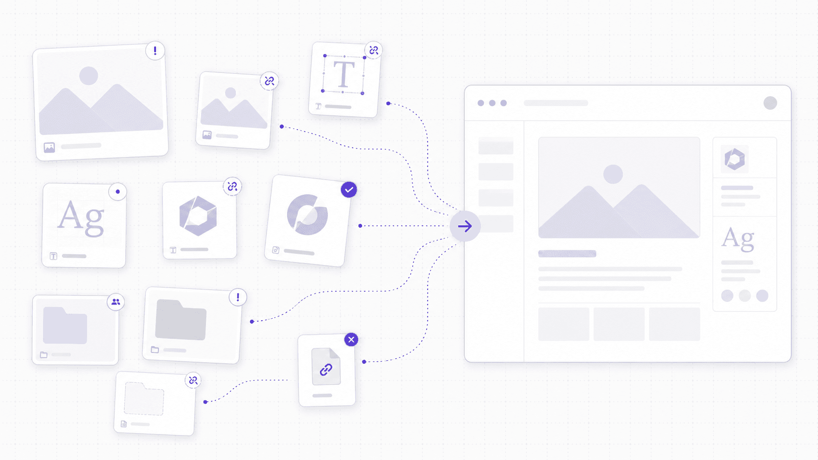 Illustration of scattered creative assets, linked files, fonts, folders, and images being organized into a design workspace