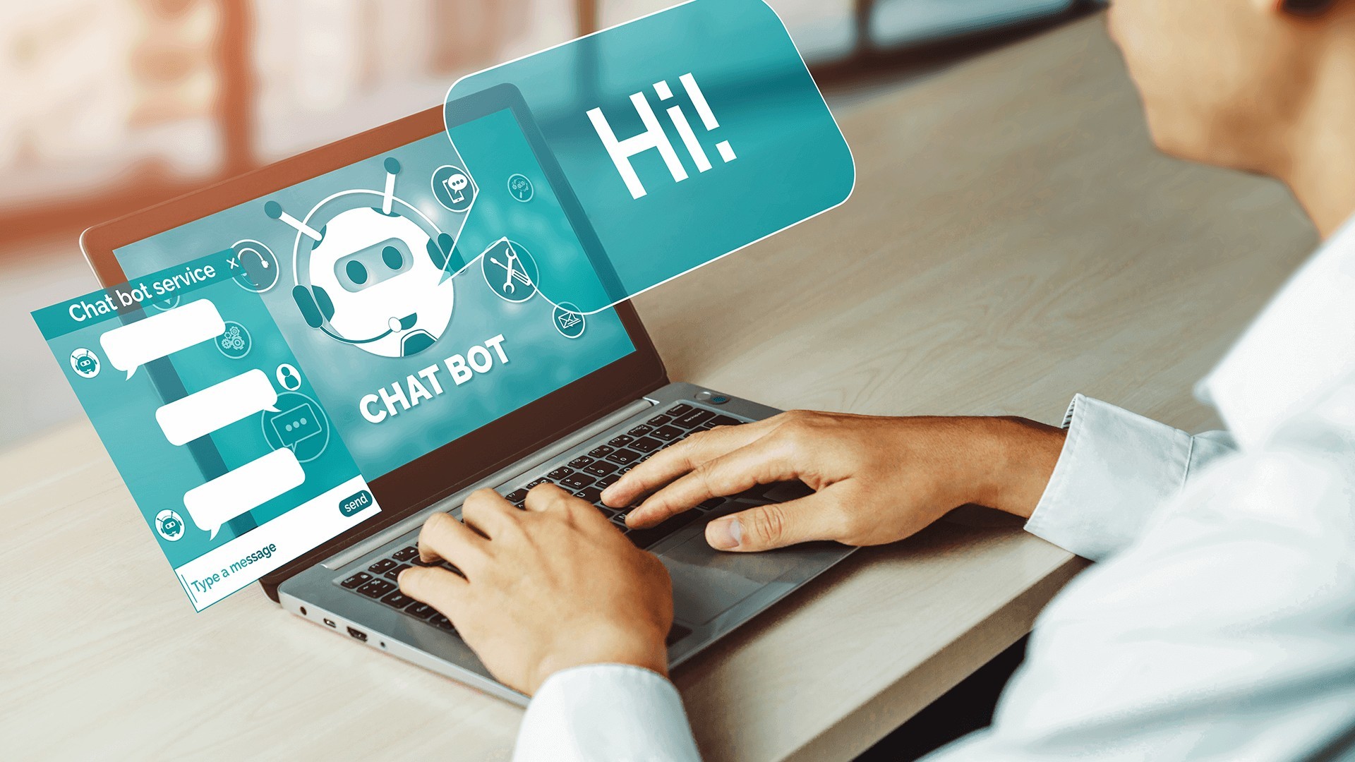 This image illustrates a man interacting with a chatbot on his laptop, symbolising accessibility and convenience.