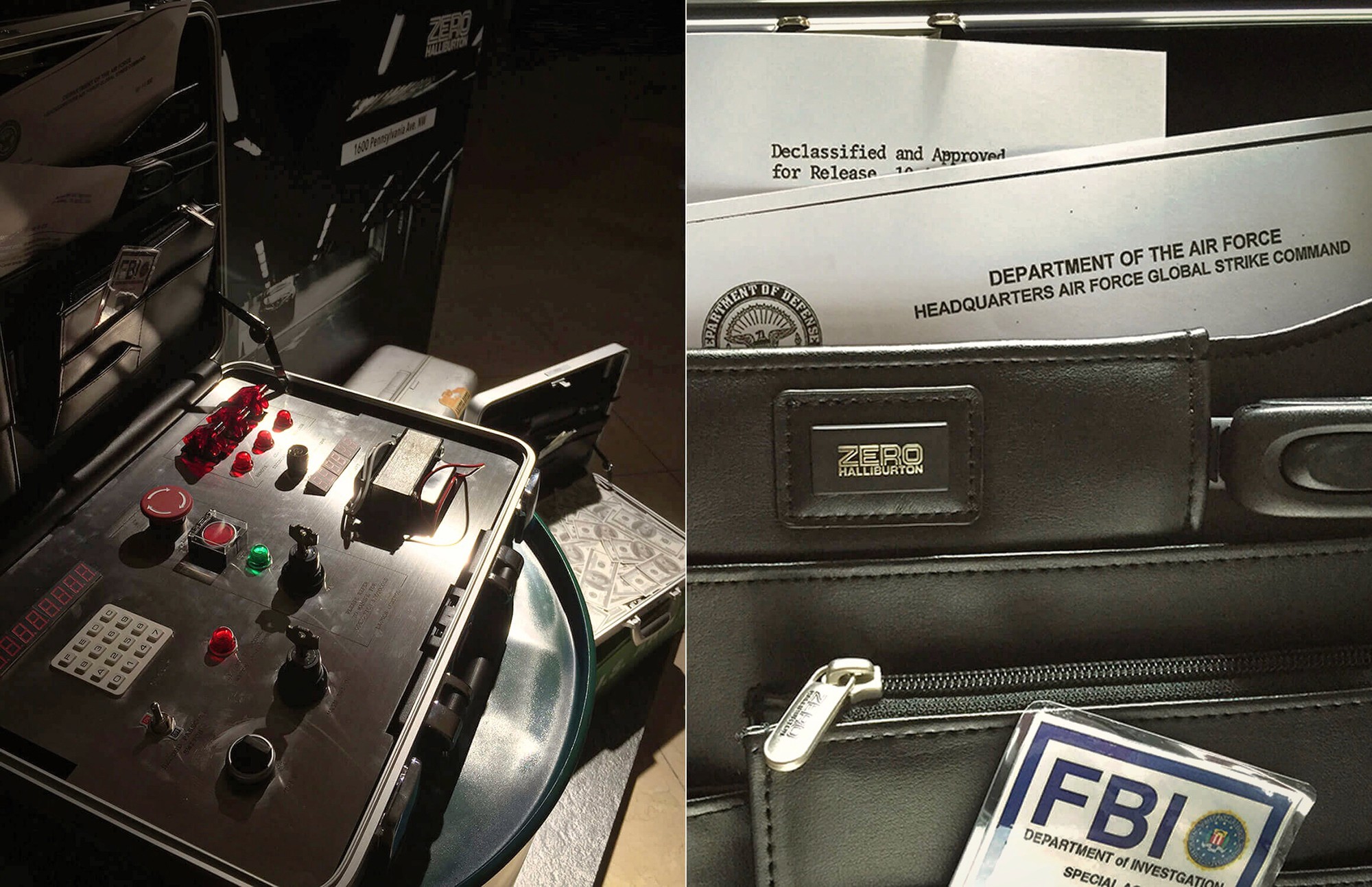 這張圖像展示了ZERO Halliburton的活動展場佈置，兩個特寫場景：一個是帶有控制面板和按鈕的手提箱，另一個是裝有文件和FBI標誌的公文包，模擬好萊塢電影中的軍場景。