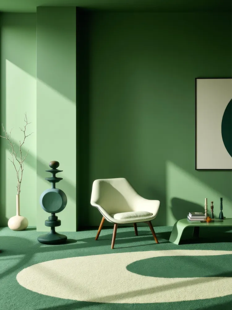 AI-generated modern minimalist interior style study, bold colour rooms, sculptural furniture, clean geometry and architectural light