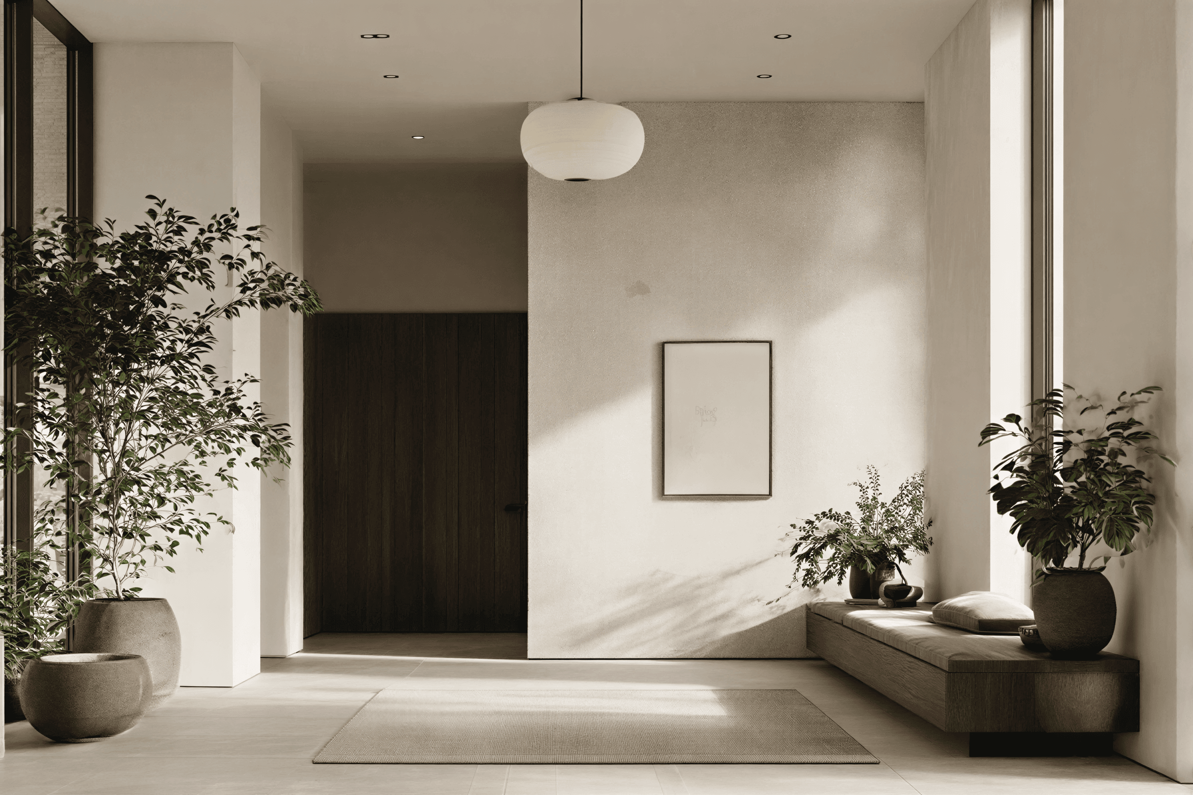 neutral space with plants and dark brown accents