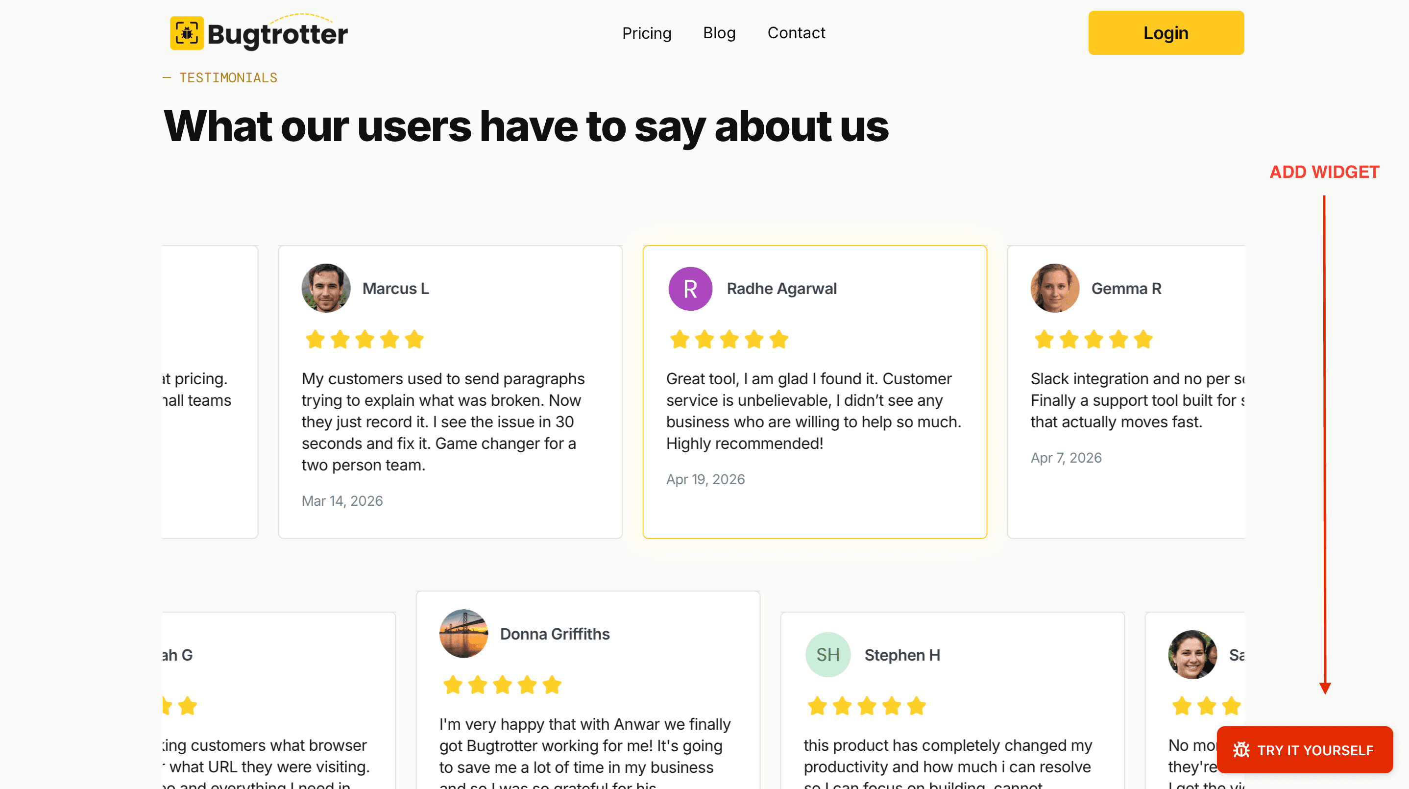 Bugtrotter widget installed and visible on a landing page