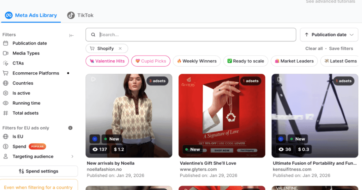 Minea ad browsing dashboard with Meta ads, filters, and product cards