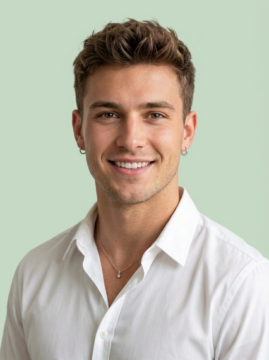 Smiling blonde woman with freckles in a white shirt, arms crossed, minimalist studio portrait.