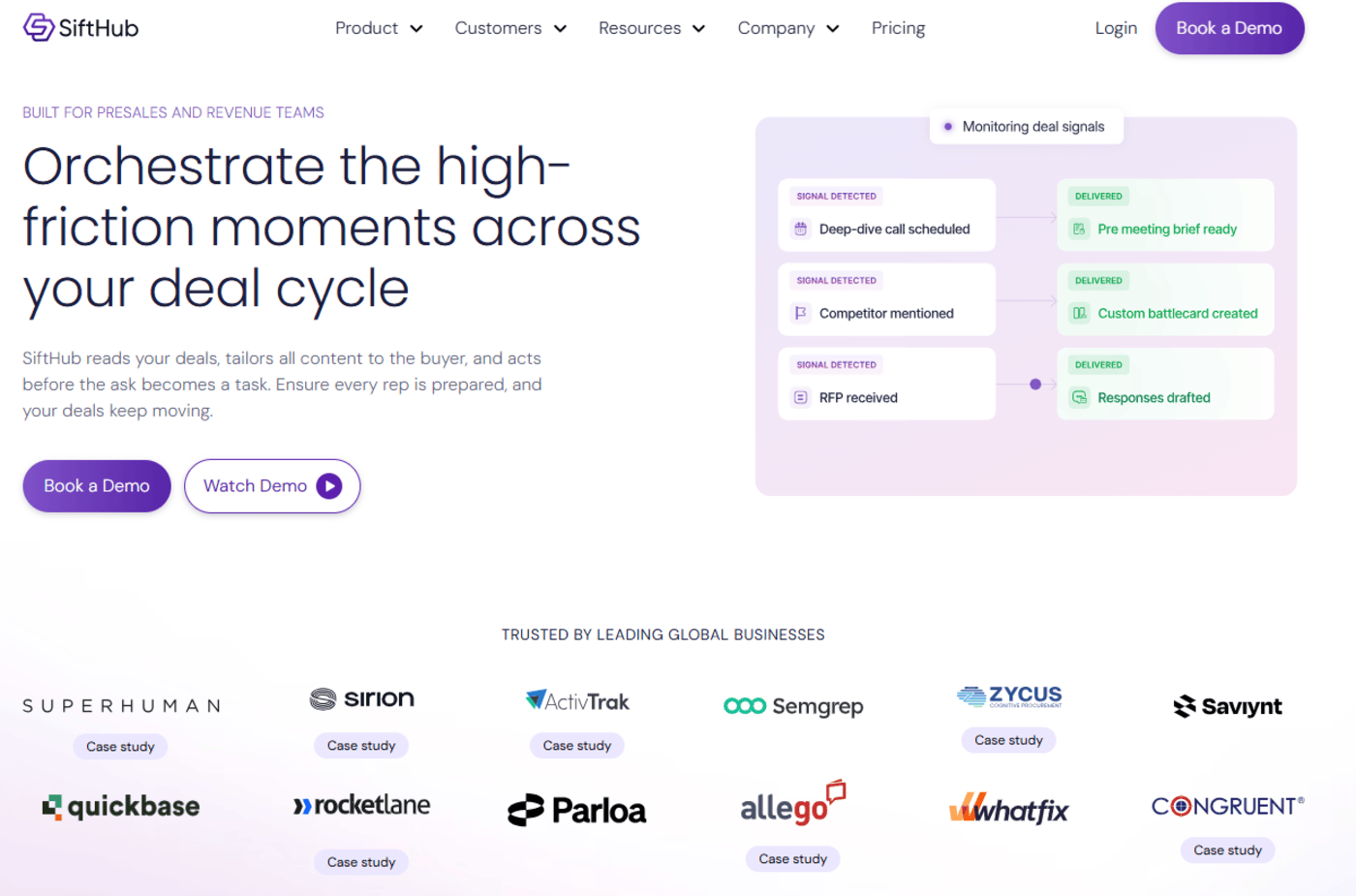 SiftHub Homepage featuring an AI-driven platform for sales engineering and security questionnaires.
