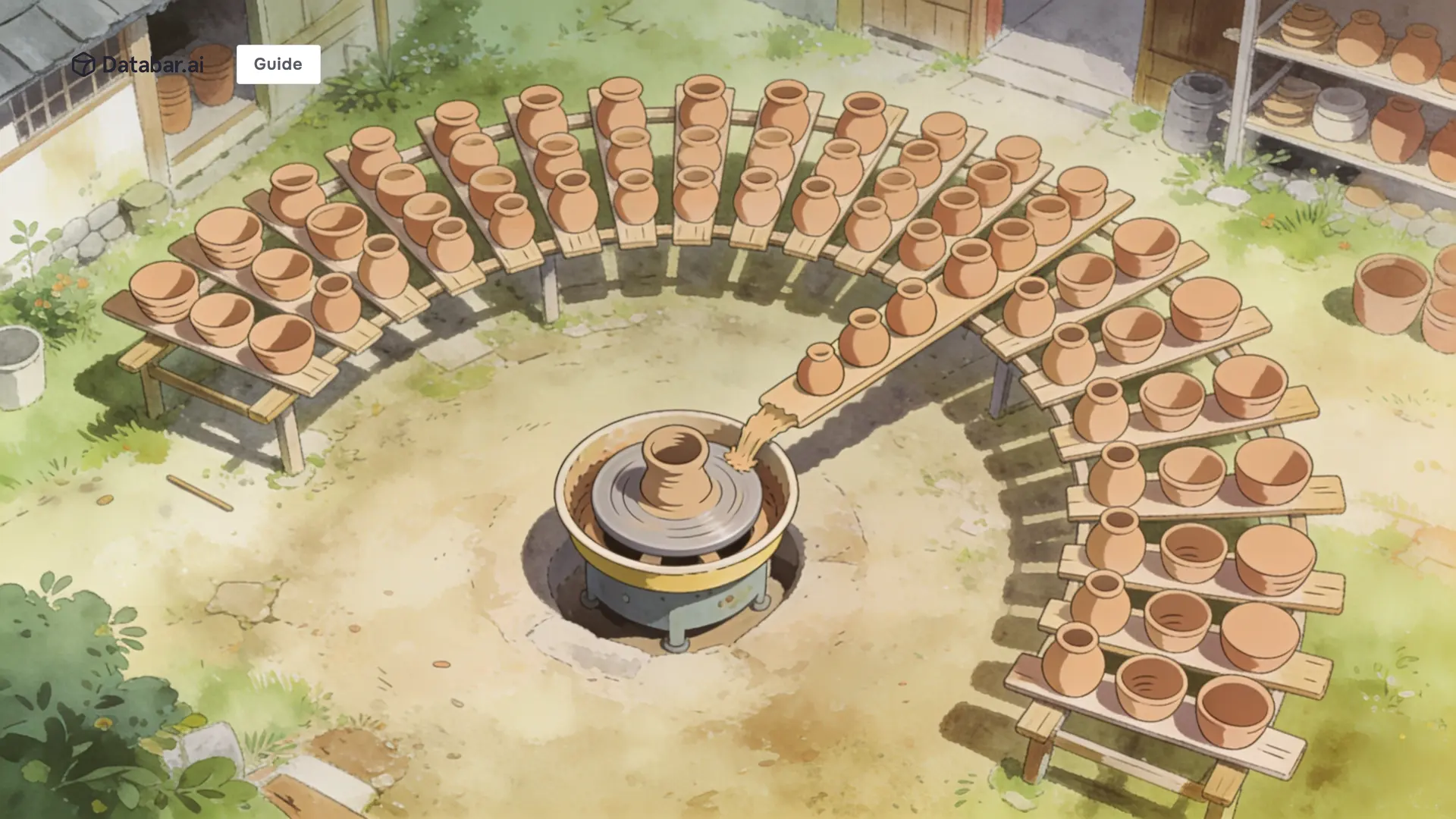 Illustration of one potter's wheel feeding a widening arc of drying racks — How to Scale Your Agency with Claude Code
