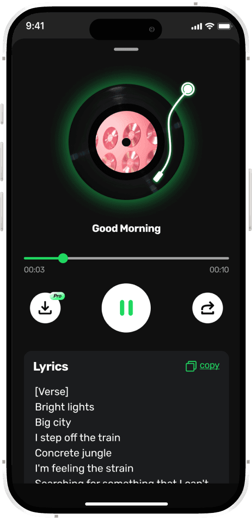 A screenshot of the Sunora AI music generator app, showing a song playing with lyrics displayed. The user can pause, skip, or download the song.