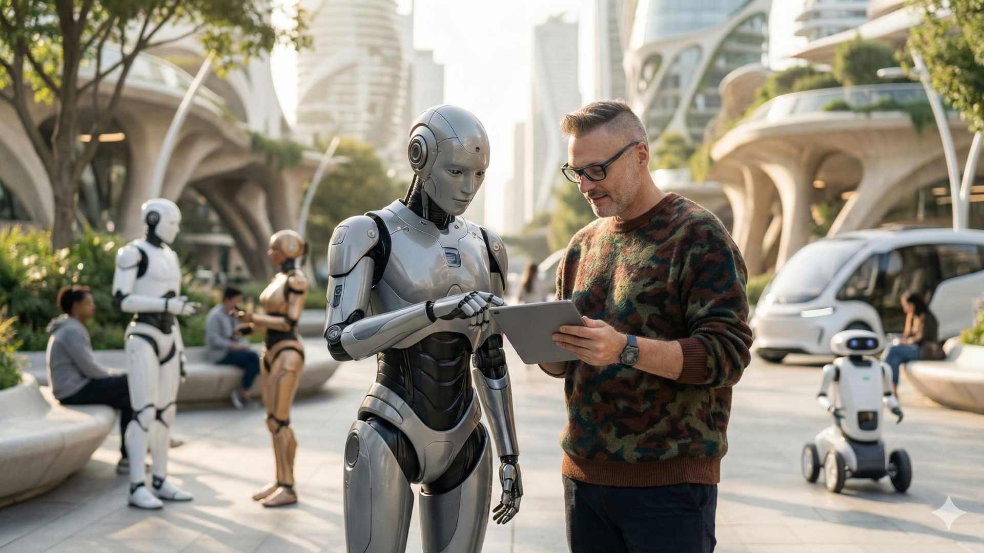 Creative Director Colin Melville interacting with an AI humanoid robot in a futuristic city, representing the intersection of human creativity and generative technology.