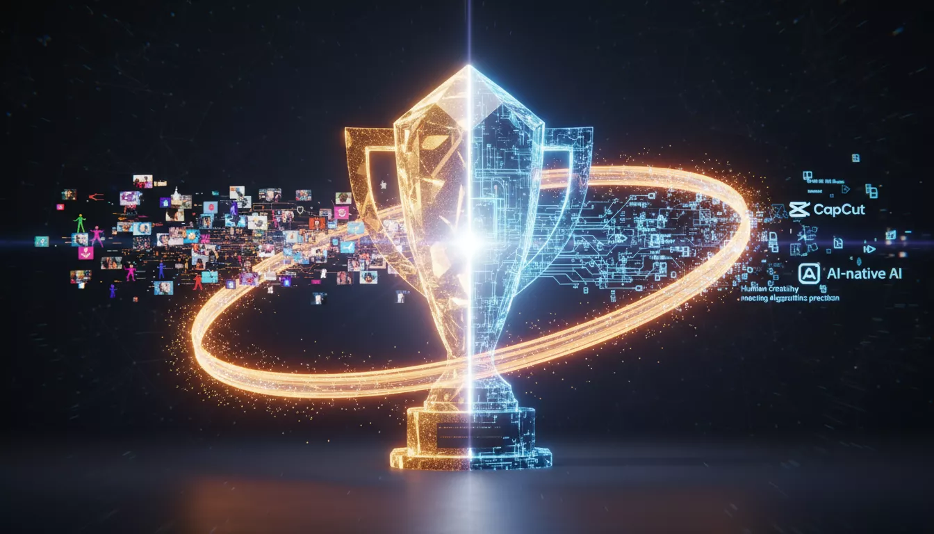 A 3D render of a split trophy symbolizing the TikTok Awards, with one golden half representing human creativity and one blue, circuit-board half representing AI and data.