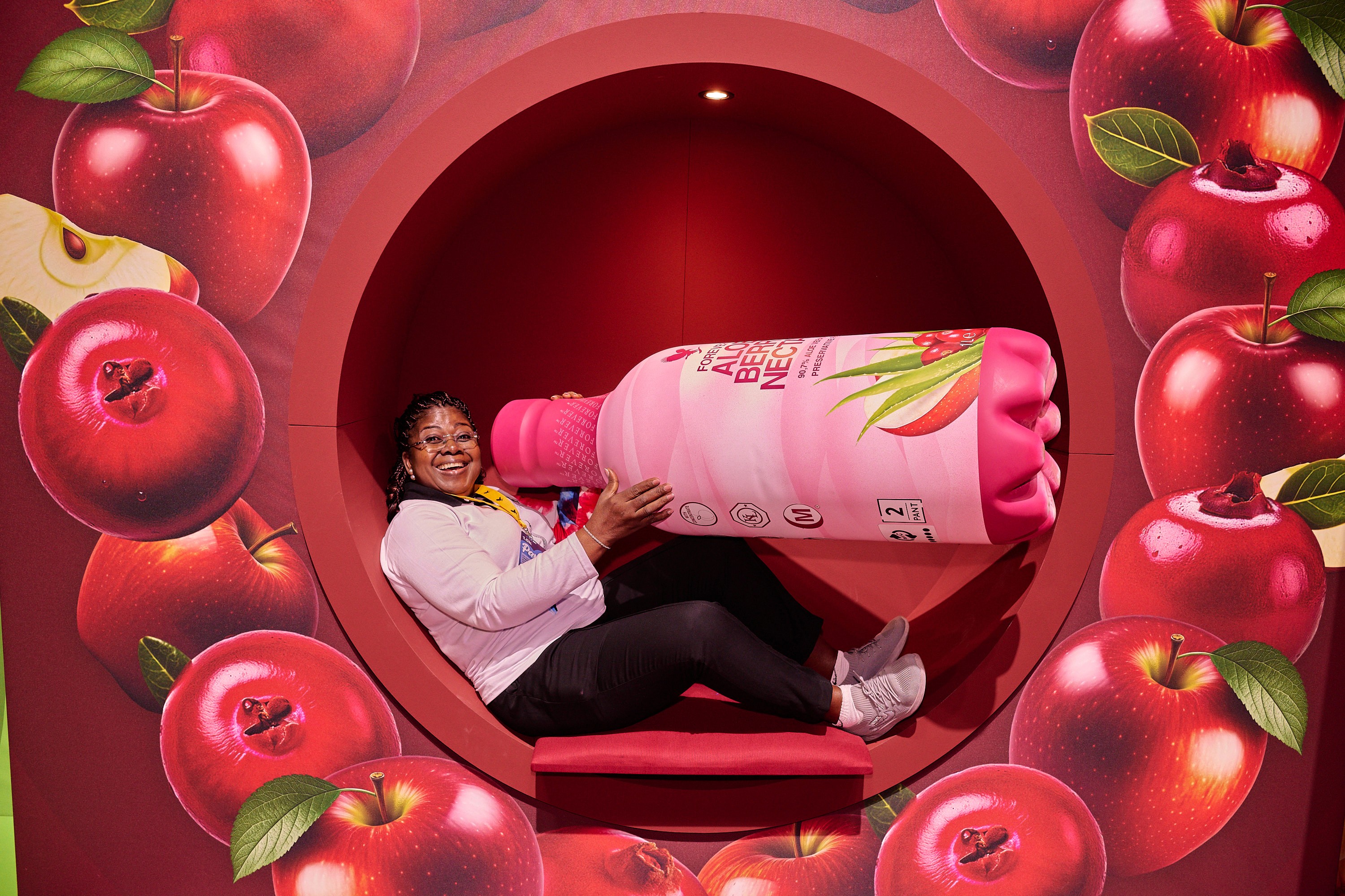 Image showcasing the Aloe Vera Gel interactive exhibition area for Forever Living FGR25 Paris event.