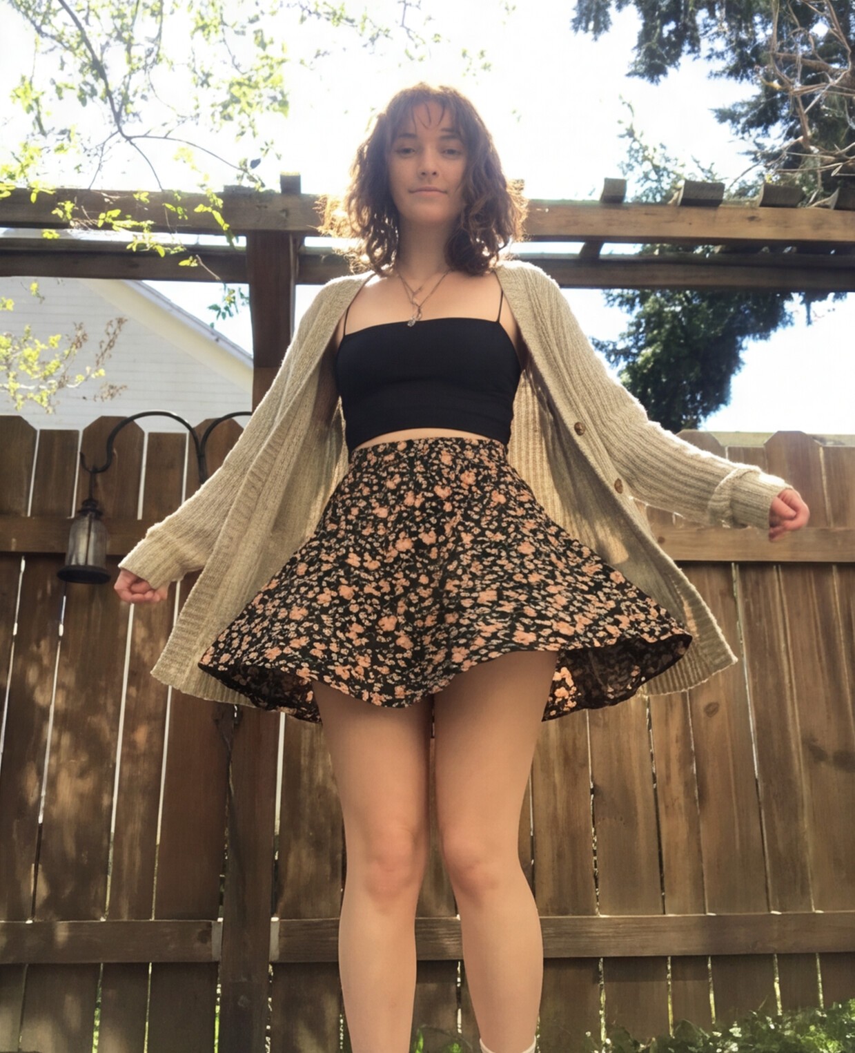 Cream Ribbed Cardigan with Navy Floral Midi Skirt