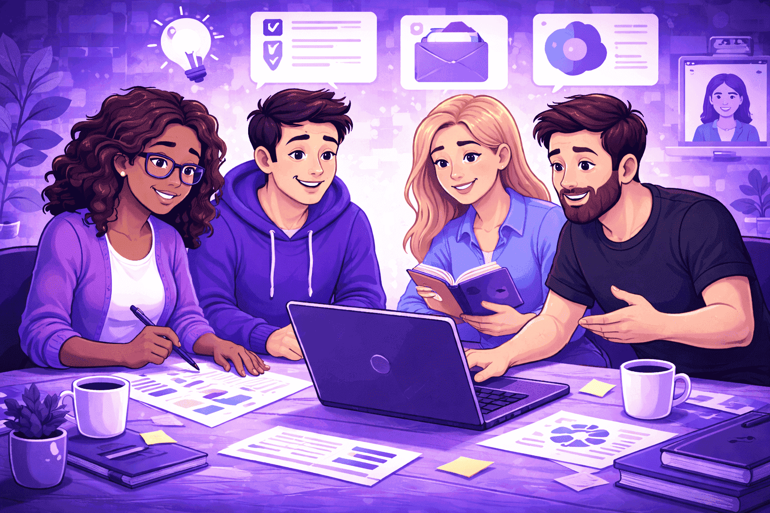 Remote team collaborating effectively around a shared workspace, showing balanced collaboration, clarity, and team alignment