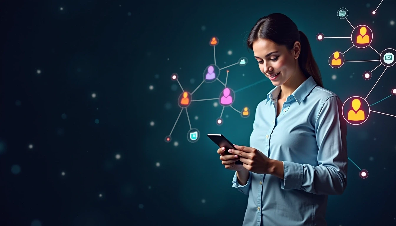 A person looking at a mobile device with a background of interconnected networks behind them. 