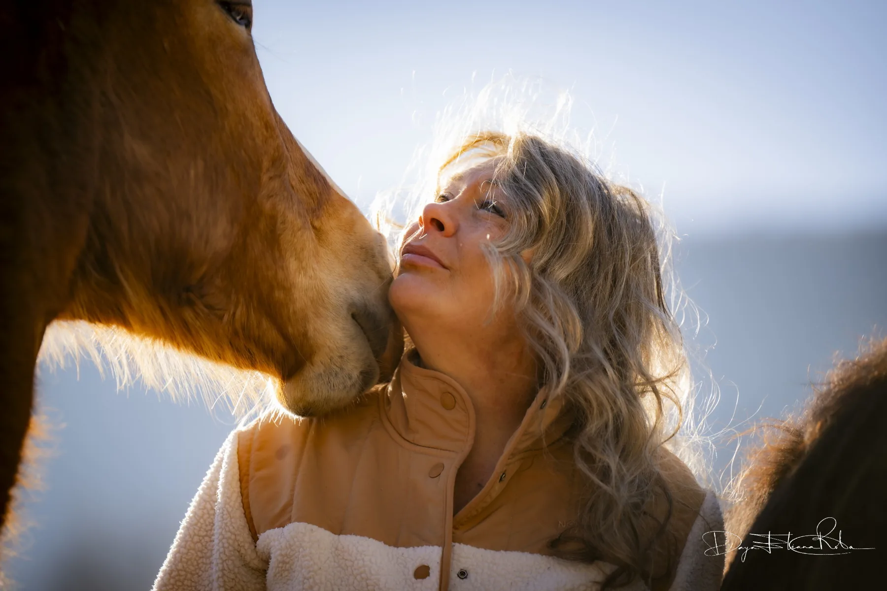 Daya in un momento di contatto ravvicinato con un cavallo, nella luce del sole