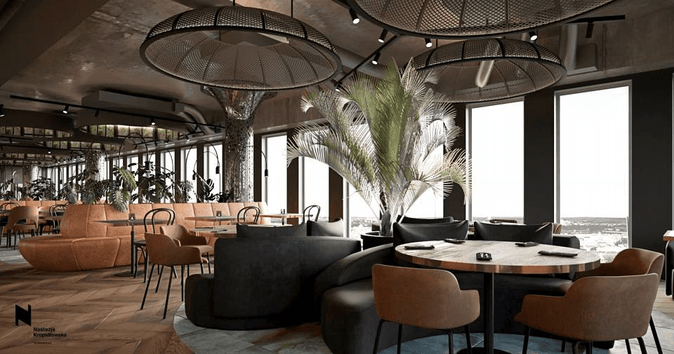 Bar z kafelkową ladą i ekspozycją butelek w ciepłym świetle - Restauracja Hi Piotrkowska w Łodzi