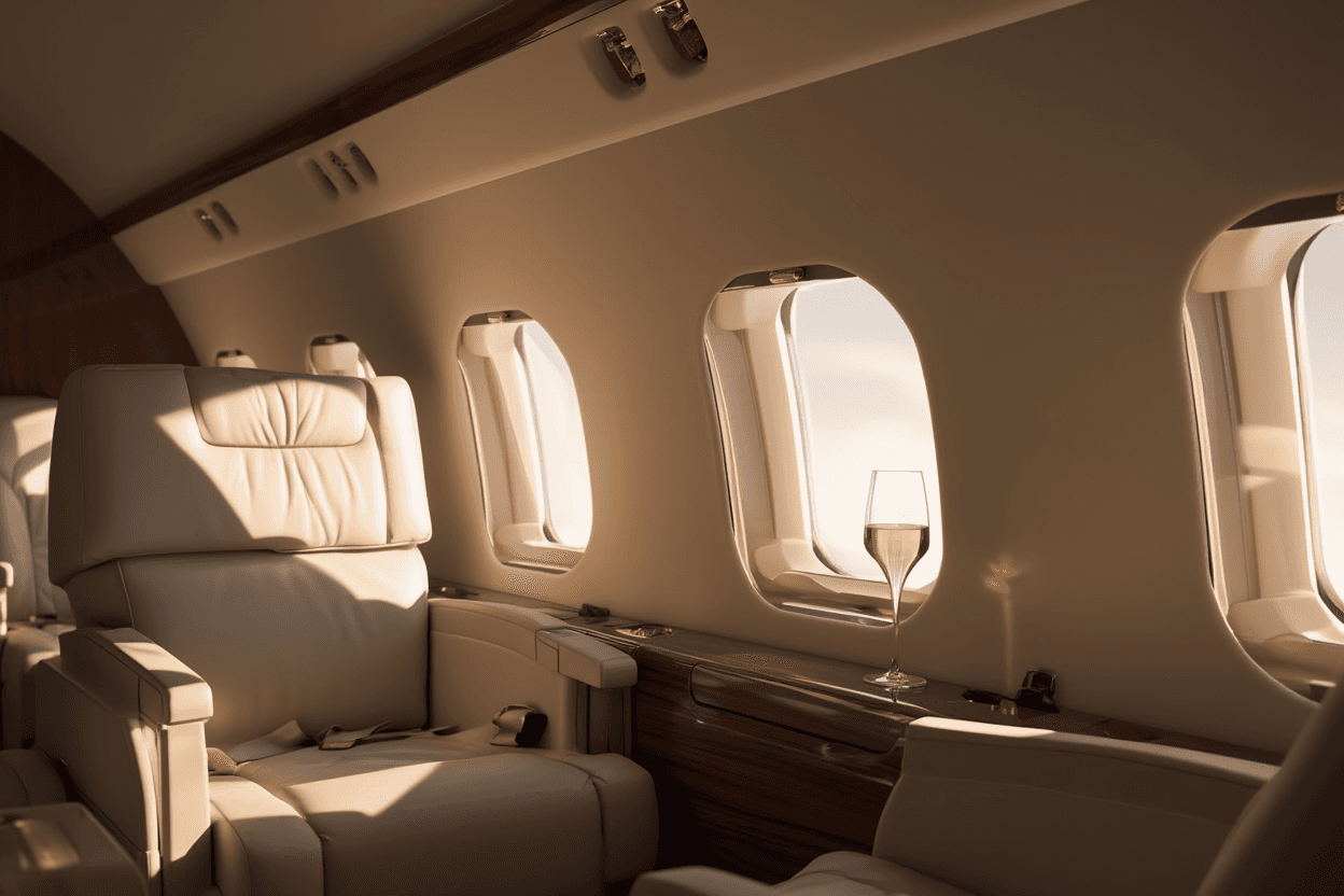 Private jet cabin with cream leather seats and champagne glass