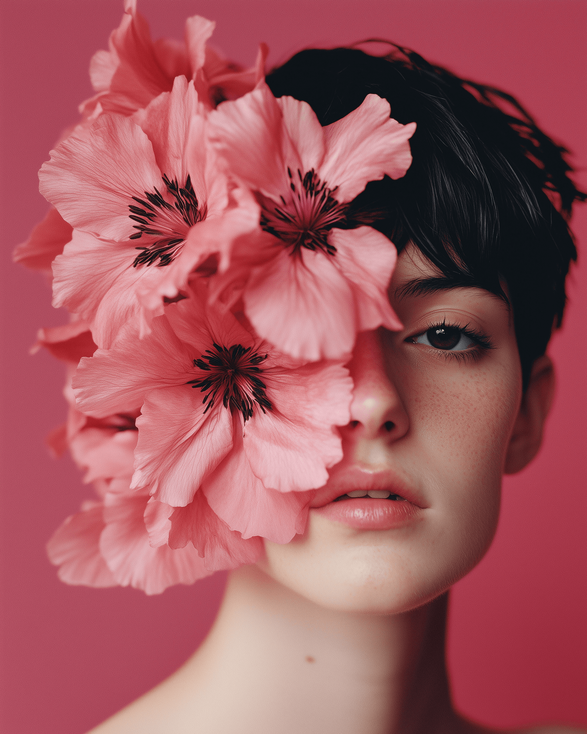 pink flower on lady's face
