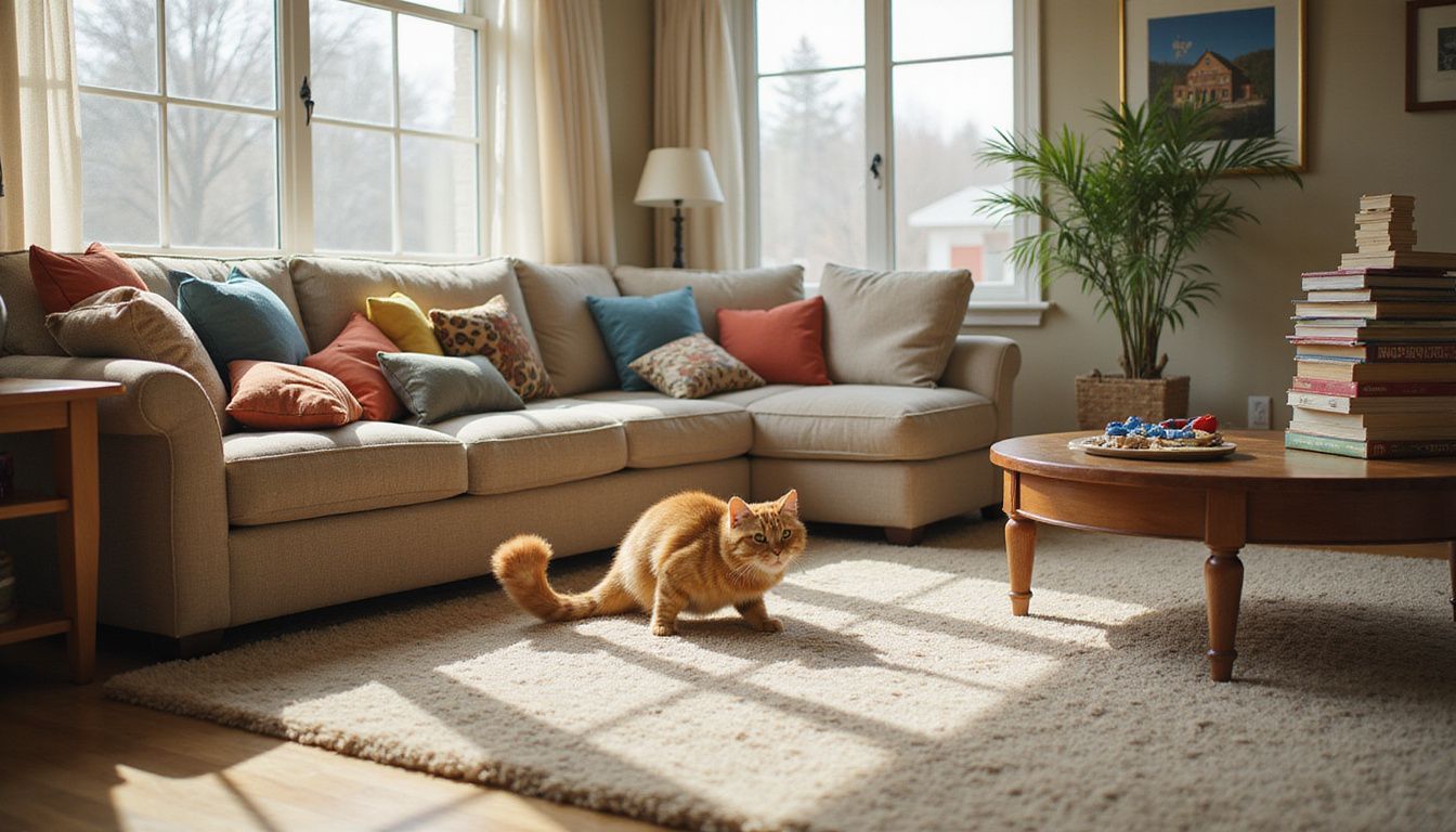 A cozy living room filled with playful pillows, a leaping cat, and a mix of board games and mail.
