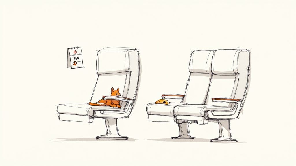Illustration of an orange dog and a smaller curled dog relaxing on two sets of airplane seats.